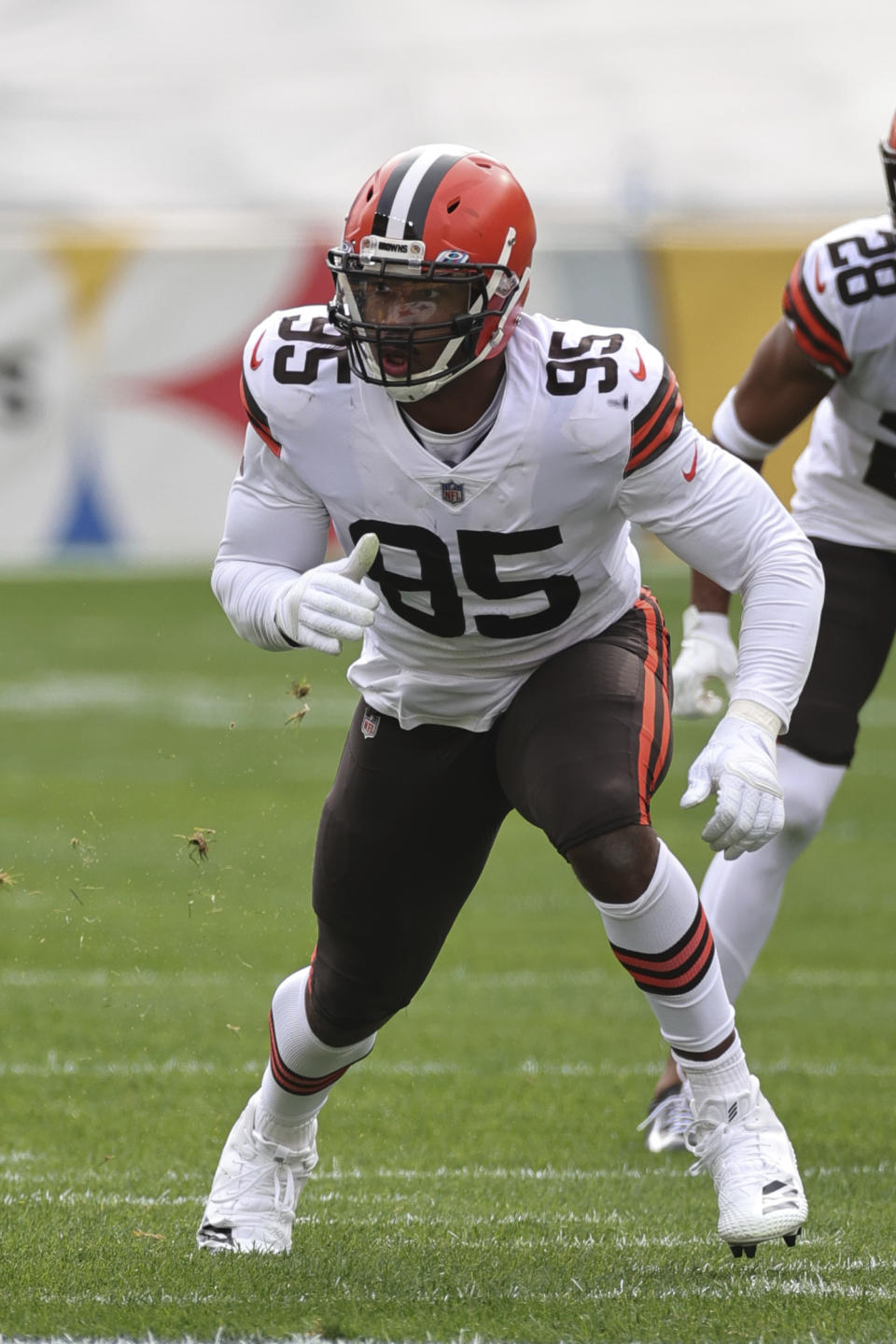 Cleveland Browns defensive end Myles Garrett (95) takes a defensive position during an NFL game against the Pittsburgh Steelers, Sunday, Oct. 18, 2020, in Pittsburgh. The Steelers defeated the Browns 38-7. (Margaret Bowles via AP)