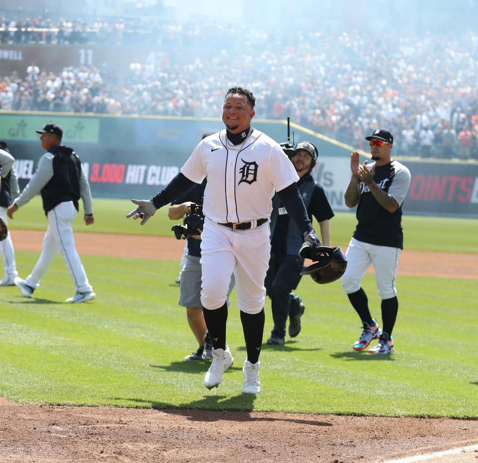 Detroit Tigers' Miguel Cabrera celebrates his 3,000 career hit during the first inning against the Colorado Rockies, Saturday, April 23, 2022 at Comerica Park.