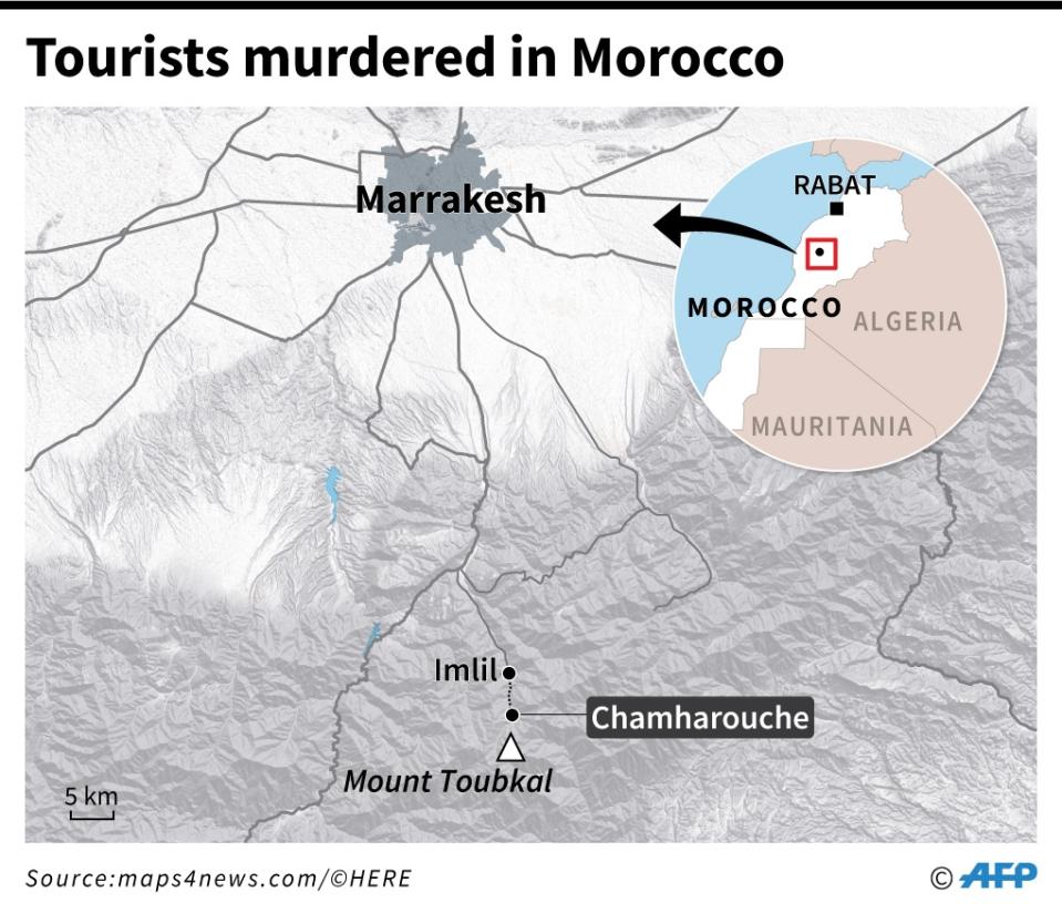 Map locating the zone in the High Atlas mountains where the backpackers were murdered. Image: AFP