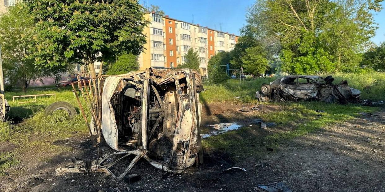 A view shows destroyed vehicles following what was said to be Ukrainian forces' shelling in the course of Russia-Ukraine conflict in the town of Shebekino in the Belgorod region, Russia, in this handout image released May 31, 2023.