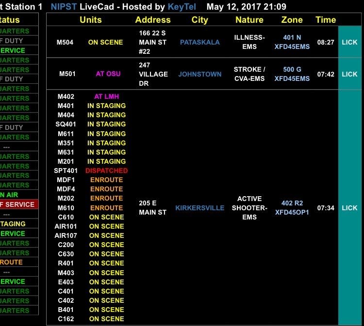 A screenshot shows the numerous emergency units responding to the mass shooting in Kirkersville on May 12, 2017.