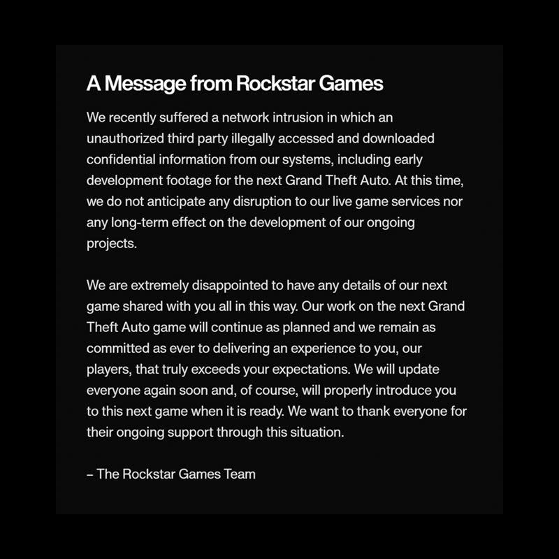 Rockstar Games針對《俠盜獵車手6》洩漏事件發布聲明。（圖／翻攝自推特）
