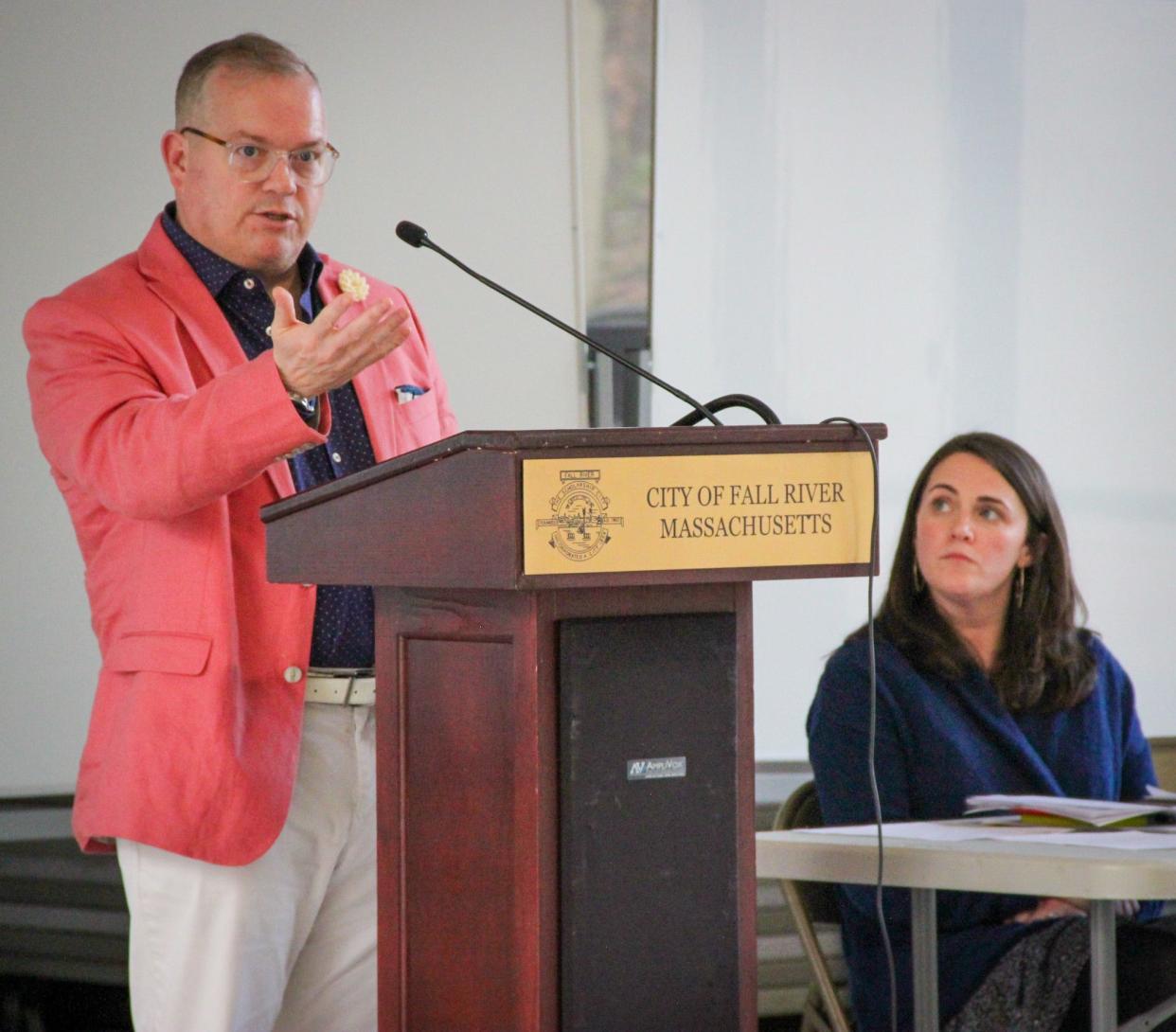 City Administrator Seth Aitken and Fall River's Director of Health and Human Services Tess Curran speak at a public meeting of the Fall River Opioid Settlement Funds Advisory Committee on Wednesday, May 1, 2024 at Government Center.