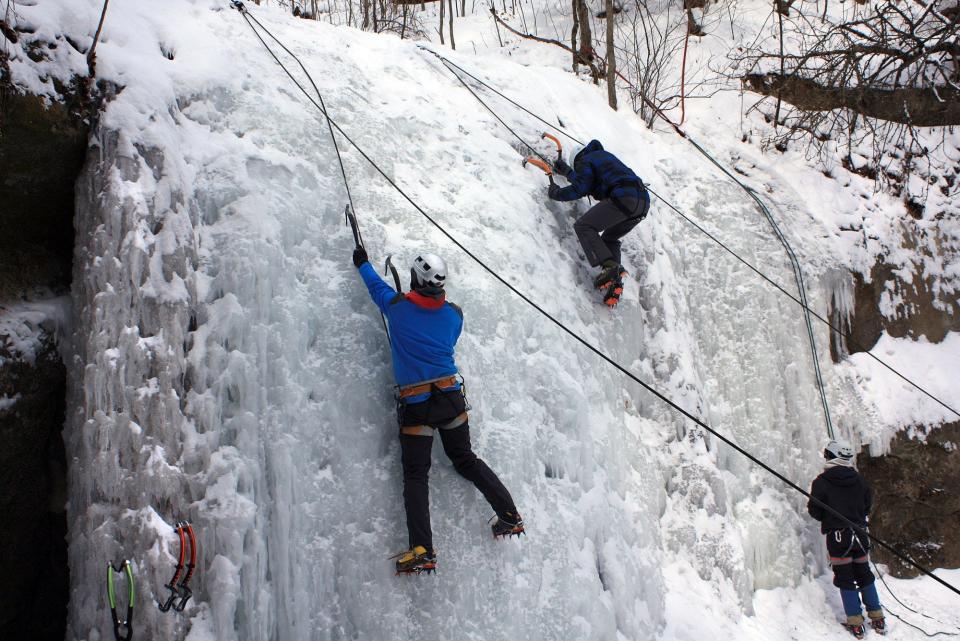 Ice climbers make their way up Stephens Falls at Governor Dodge State Park in Dodgeville.