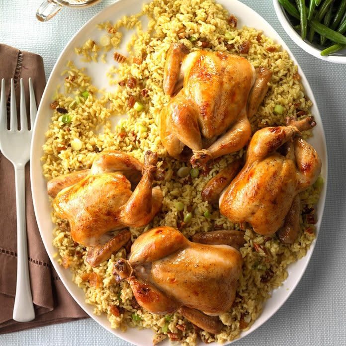 Glazed Cornish Hens with Pecan-Rice Stuffing