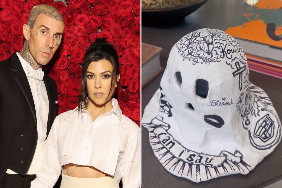 <p>Cindy Ord/MG22/Getty; Kourtney Kardashian/Instagram</p> Travis Barker and Kourtney Kardashian split with the ghost statue in Kourtney