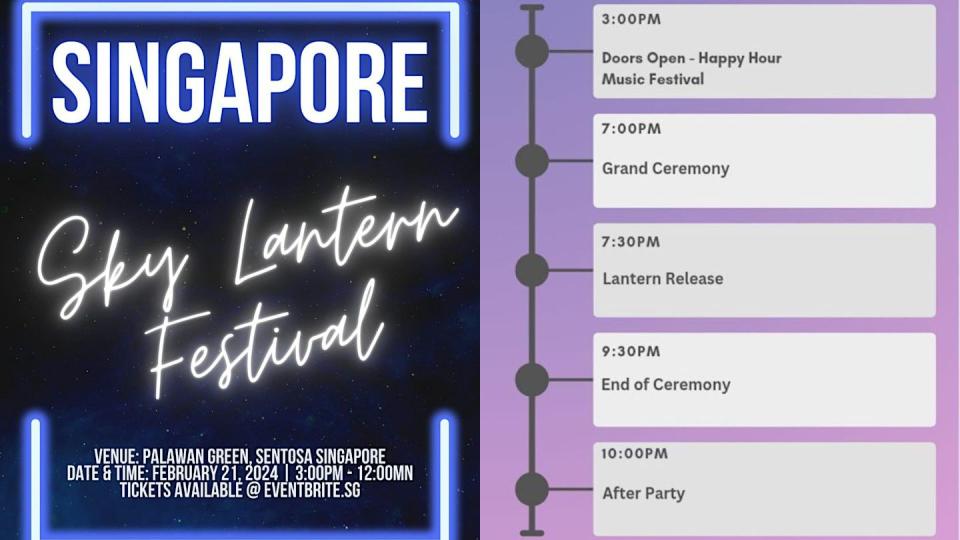 L'événement, prévu de 15h00 à minuit, devait débuter par un festival de musique suivi d'un lâcher de lanternes à 19h30.  (PHOTO : eventbrite.sg/singaporeskylanternfestival)