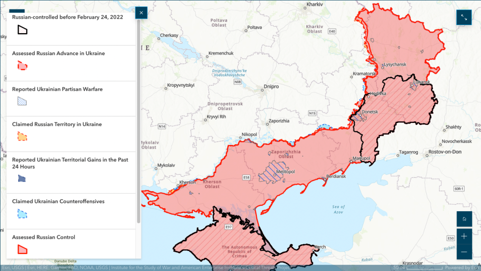 A map to show  Ukrainian counteroffences and Russia controlled territories (Institute for the Study of War (ISW))