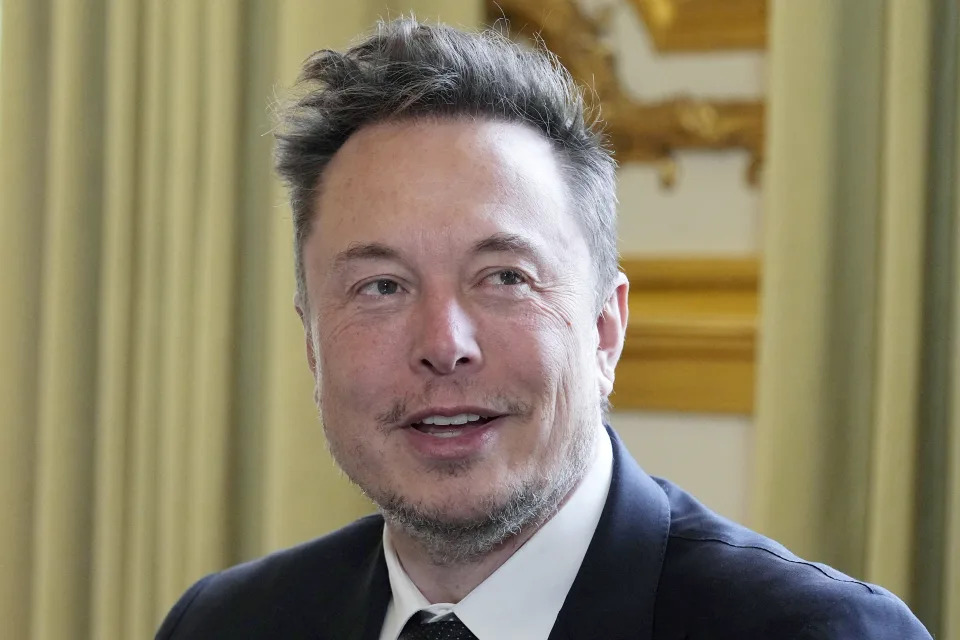 Elon Musk poses prior to his meeting with French President Emmanuel Macron in Paris on May 15. (Michel Euler/AP)