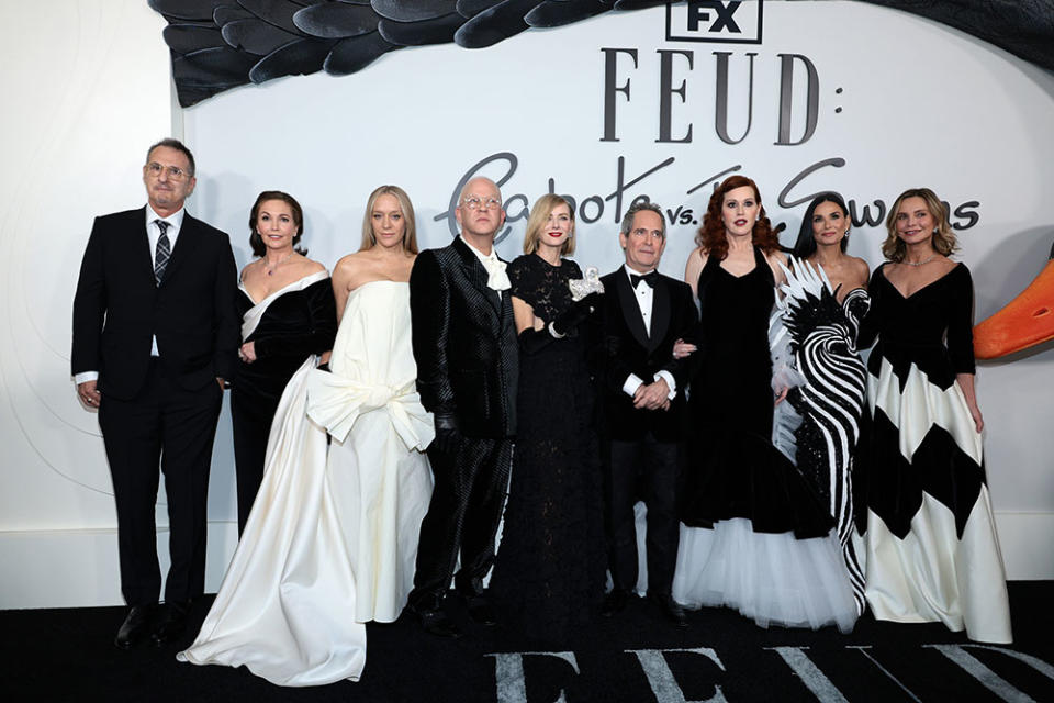 (L-R) Jon Robin Baitz, Diane Lane, Chloe Sevigny, Ryan Murphy, Naomi Watts, Tom Hollander, Molly Ringwald, Demi Moore, and Calista Flockhart attend FX's "Feud: Capote VS. The Swans" New York Premiere at Museum of Modern Art on January 23, 2024 in New York City.