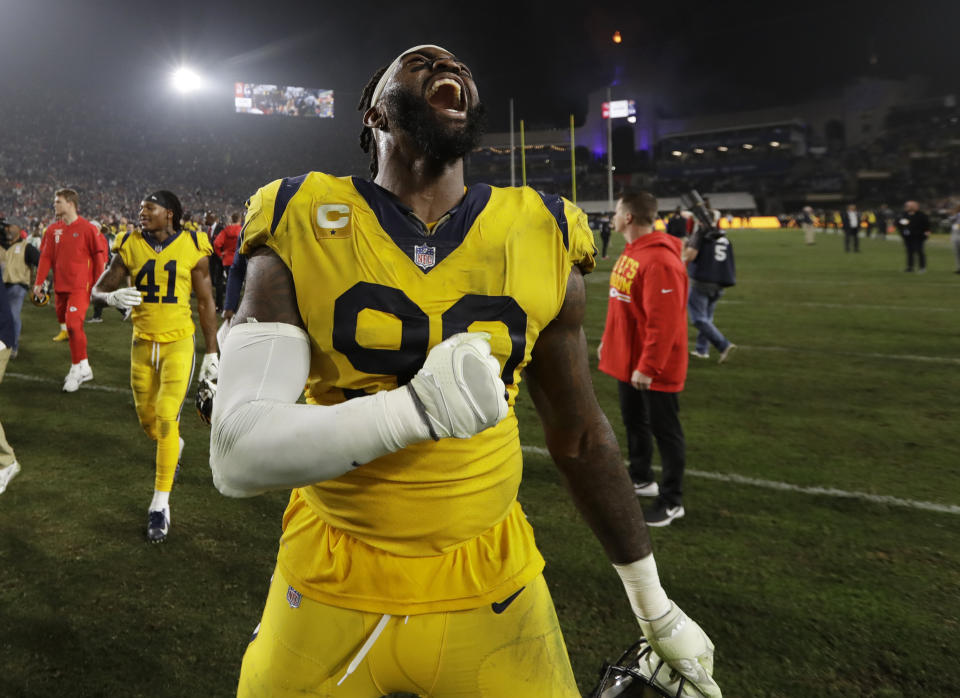 Los Angeles Rams defensive end Michael Brockers celebrates after the Rams beat the Kansas City Chiefs 54-51 in an NFL football game, Monday, Nov. 19, 2018, in Los Angeles. (AP Photo/Marcio Jose Sanchez)