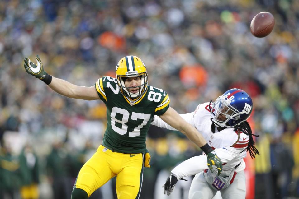 <p>Green Bay Packers wide receiver Jordy Nelson (87) is defended by New York Giants cornerback Janoris Jenkins (20) during the first half in the NFC Wild Card playoff football game at Lambeau Field. Mandatory Credit: Jeff Hanisch-USA TODAY Sports </p>