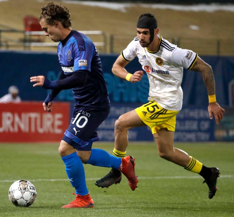 Memphis 901 FC player and Nashville native Phillip Goodrum (10), shown here in an earlier game this season, leads the team in goals this season. He scored 901 FC's only goal during their 2-1 loss to Louisville Saturday night.