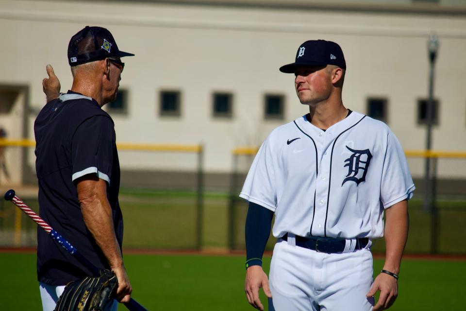 Spencer Torkelson, right, is still taking lessons from Hall of Fame shortstop Alan Trammell, but he's back at his natural position of first base.