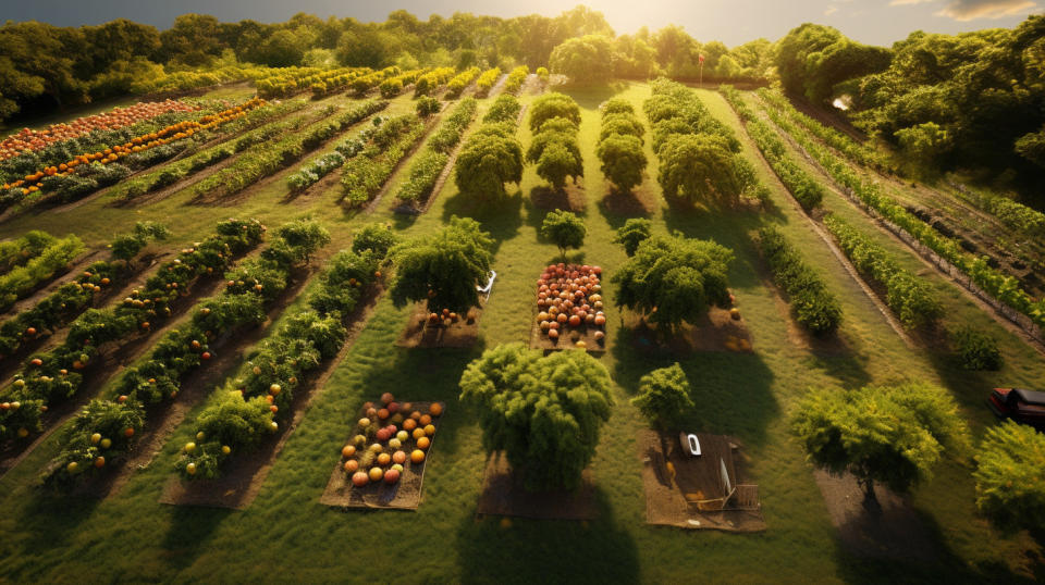 Aerial view of an orchard of different fruits, representing the abundance of the agribusiness.