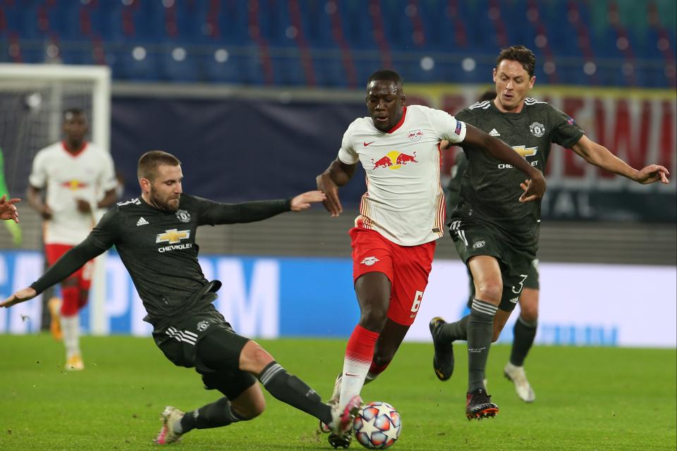 Konate is developing on the ballManchester United via Getty Images