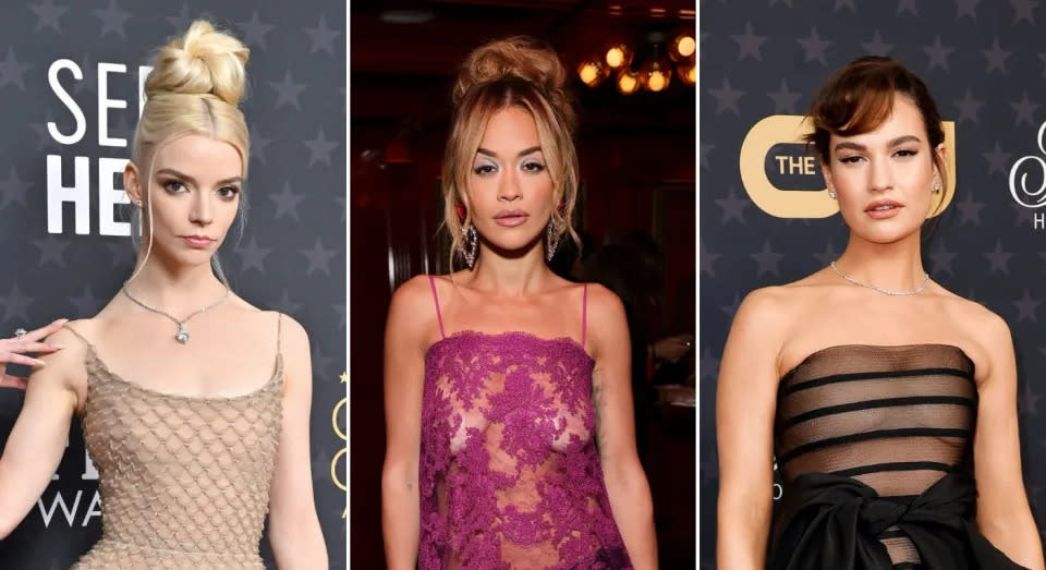 Anya Taylor-Joy (links), Rita Ora (Mitte) und Lily James (rechts) verfolgen den Trend mit dem Naked Dress auch im Jahr 2023. (Getty Images)
