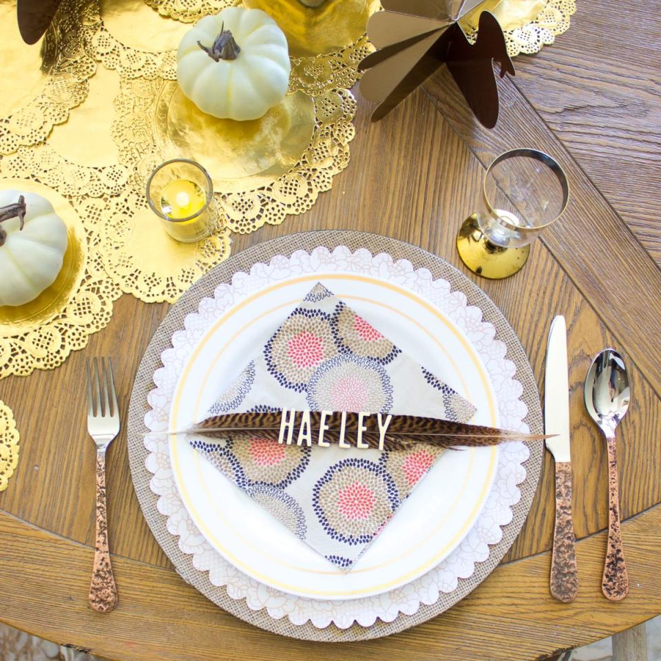 <p>Add letter stickers to a pheasant feather for chic and totally unique place cards. </p><p><strong><em><a href="https://designimprovised.com/2016/11/a-simple-thanksgiving-table.html" rel="nofollow noopener" target="_blank" data-ylk="slk:Get the tutorial at Design Improvised;elm:context_link;itc:0;sec:content-canvas" class="link ">Get the tutorial at Design Improvised</a>.</em></strong></p><p><a class="link " href="https://www.amazon.com/Barara-King-Pheasant-Feathers-Accessories/dp/B08FQQR6KS?tag=syn-yahoo-20&ascsubtag=%5Bartid%7C10070.g.2668%5Bsrc%7Cyahoo-us" rel="nofollow noopener" target="_blank" data-ylk="slk:SHOP FEATHERS;elm:context_link;itc:0;sec:content-canvas">SHOP FEATHERS</a></p>