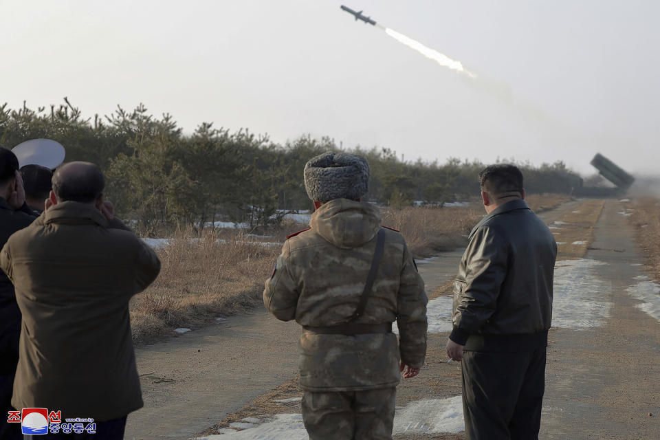 In this photo provided by the North Korean government, North Korean leader Kim Jong Un, right, inspects what it says a test of surface-to-sea missiles in North Korea Wednesday, Feb. 14, 2024. Independent journalists were not given access to cover the event depicted in this image distributed by the North Korean government. The content of this image is as provided and cannot be independently verified. Korean language watermark on image as provided by source reads: "KCNA" which is the abbreviation for Korean Central News Agency. (Korean Central News Agency/Korea News Service via AP)