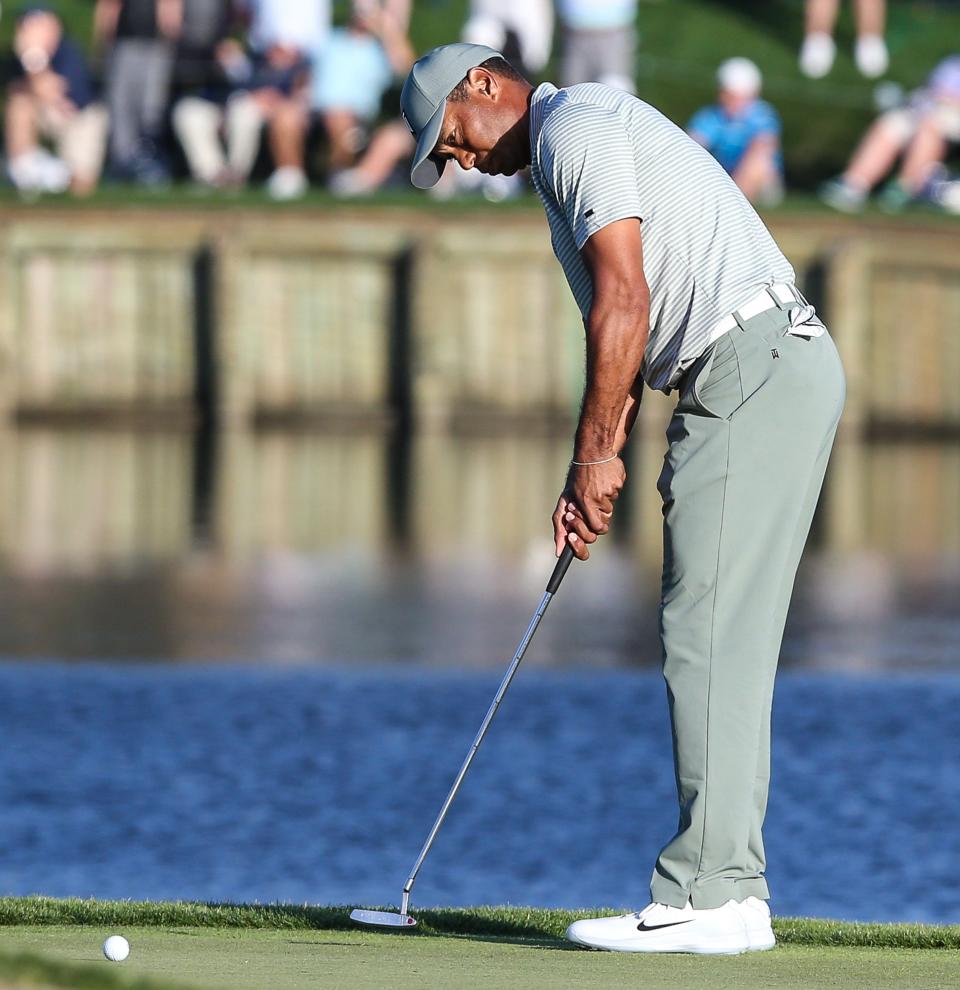 Tiger Woods putts on the par-3 17th hole of the Players Stadium Course at TPC Sawgrass during the 2019 Players Championship. Woods is the best player to be born in California.