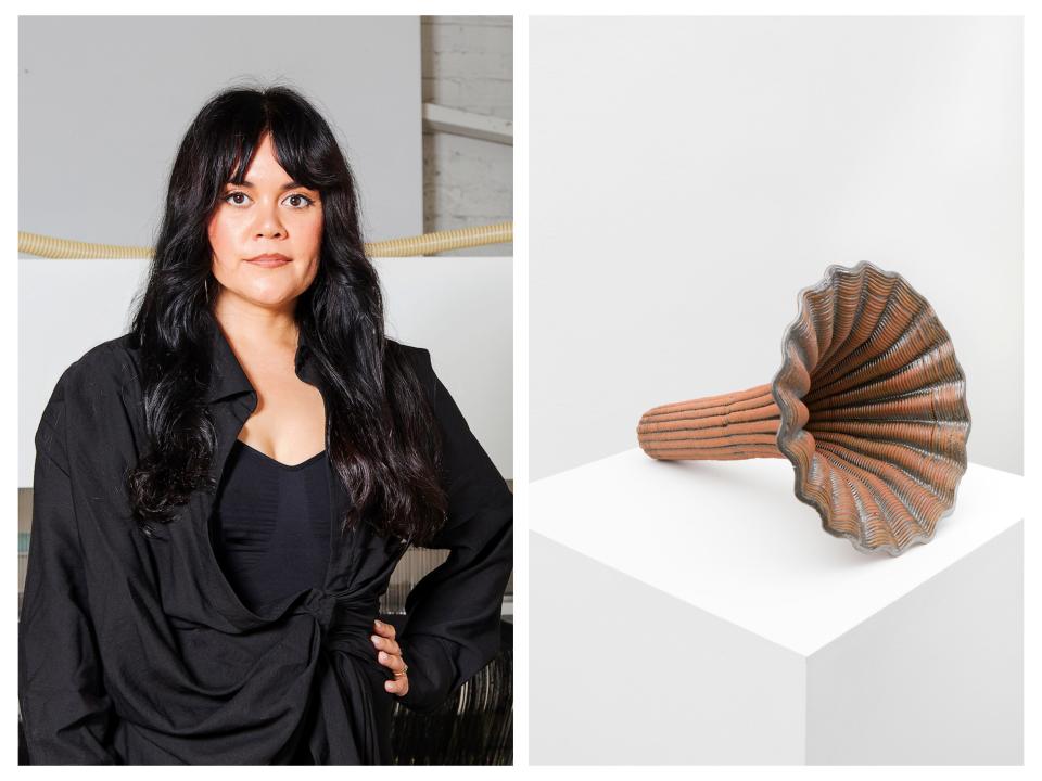 The exhibit "Sarah Rosalena: In All Directions" at the Columbus Museum of Art at The Pizzuti features more than 35 works by Rosalena, left, including the 2020 series "Transposing a Form."