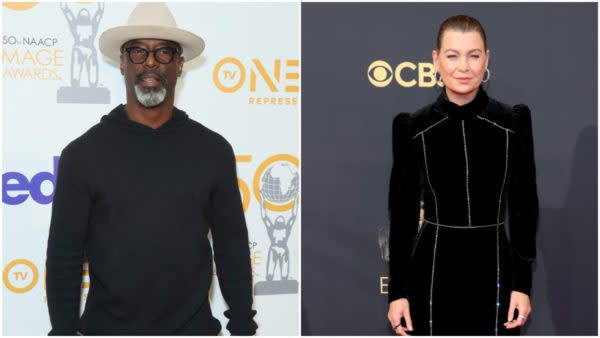 Isaiah Washington (L) reveals Ellen Pompeo (R) took hush money to cover up co-star Patrick Dempsey’s “toxic behavior.” Photo by Leon Bennett/FilmMagic, Rich Fury/Getty Images