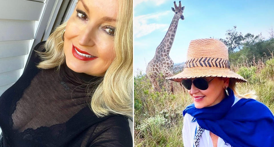 Melissa Heuer took a selfie (left) and a photo with a giraffe in the background (right).