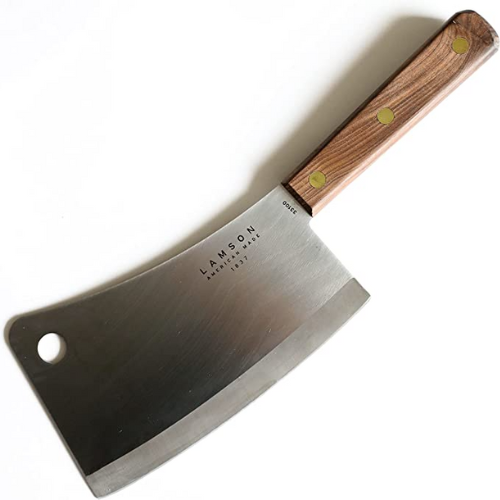 lamson meat cleaving knife with walnut handle against white background