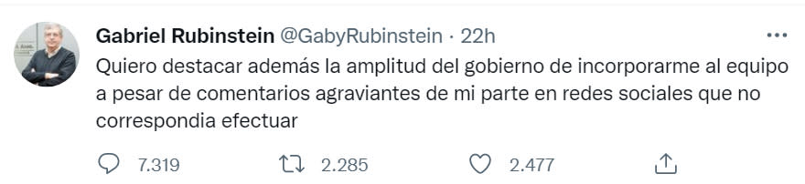 El tuit con el que Rubinstein ensayó su disculpa al kirchnerismo.