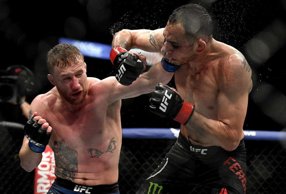 JACKSONVILLE, FLORIDA - MAY 09: Justin Gaethje (L) of the United States punches Tony Ferguson (R) of the United States in their Interim lightweight title fight during UFC 249 at VyStar Veterans Memorial Arena on May 09, 2020 in Jacksonville, Florida. (Photo by Douglas P. DeFelice/Getty Images)