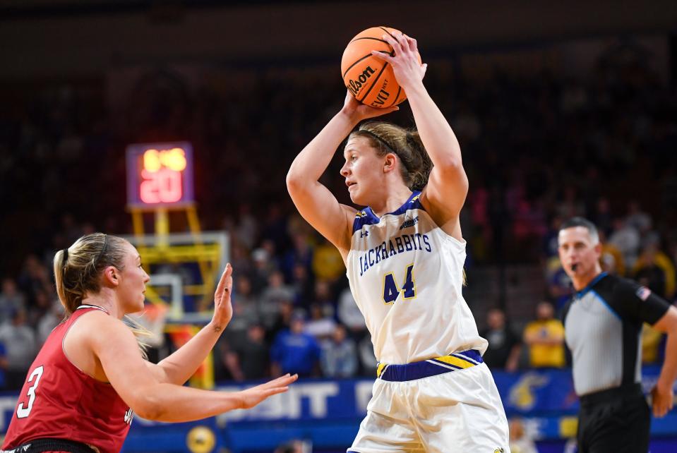 South Dakota State’s Myah Selland holds the ball while guarded by South Dakota’s Macy Guebert in a rivalry matchup on Saturday, January 14, 2023, at Frost Arena in Brookings.