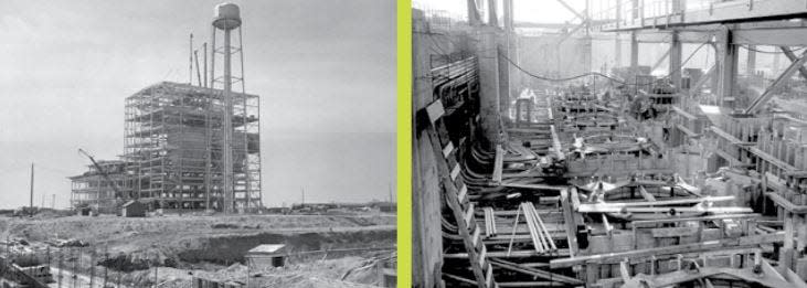 These photos show the main building (left) and mill foundations (right), circa 1951, for the J.R. Whiting Power Plant operated by Consumers Energy in Luna Pier from 1952 to 2016. Today, the area is being redeveloped by companies such as Charlotte, N.C.-based Forsite Development Inc.