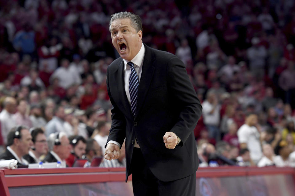 Kentucky head coach John Calipari reacts after a call against Arkansas during the second half of an NCAA college basketball game, Saturday, Jan. 18, 2020, in Fayetteville, Ark. (AP Photo/Michael Woods)