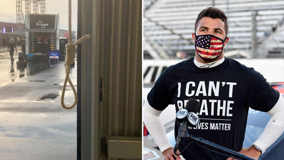 Pictured here, Bubba Wallace and the noose found in the driver's garage stall.