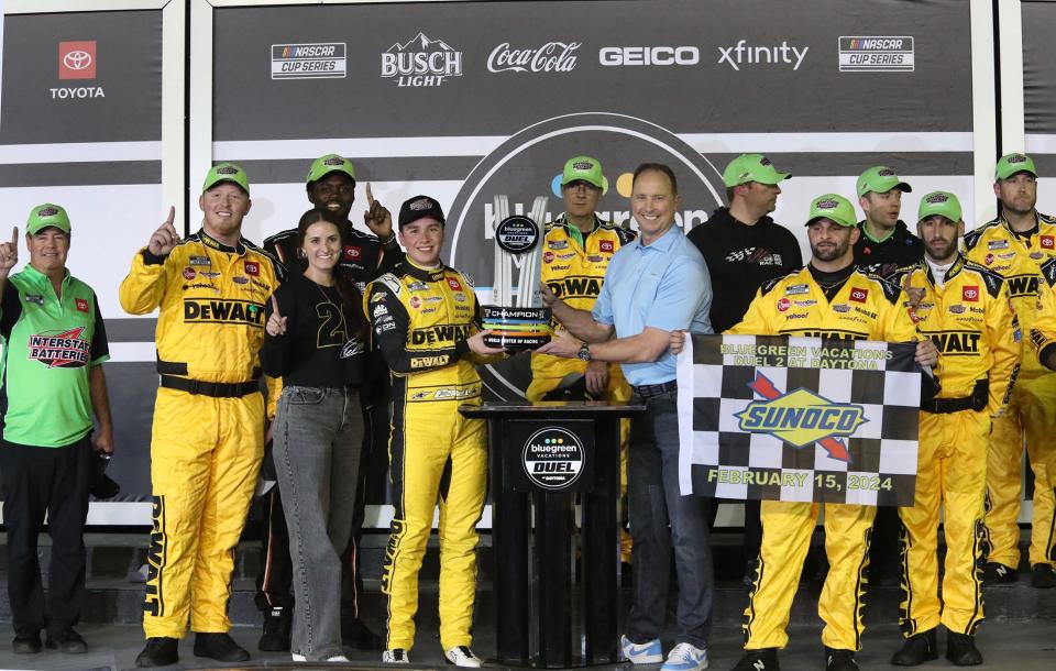 Christopher Bell and crew celebrate in Victory Lane, Thursday night after winning the second Bluegreen Vacations Duel at Daytona International Speedway. The weather outlook is still ominous for weekend Speedweek races, including Sunday's Daytona 500.