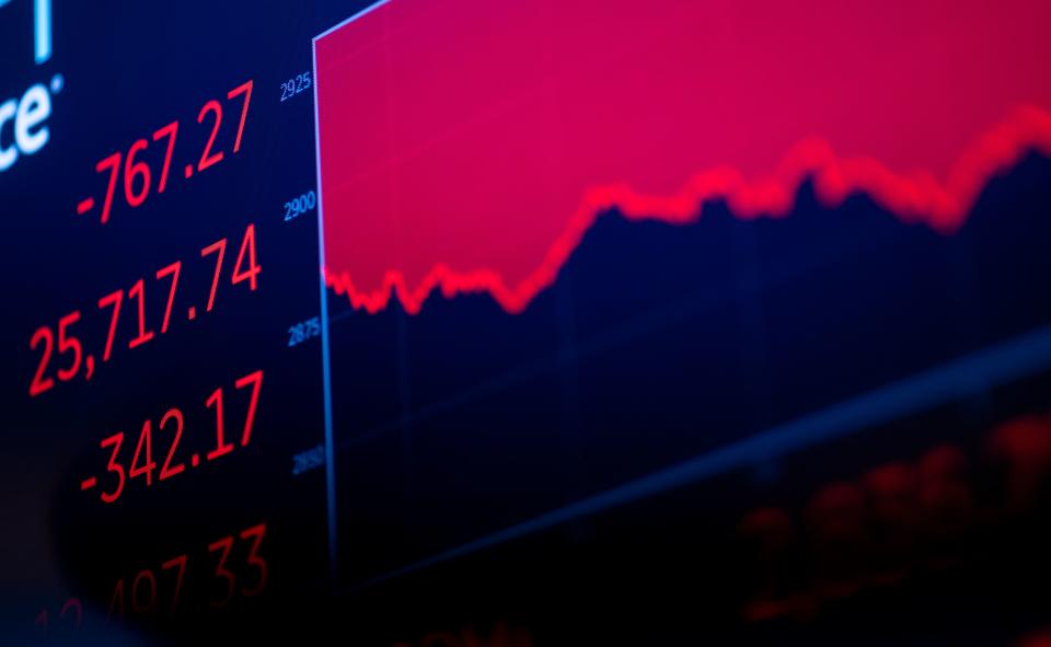 A TV screen shows the numbers after the closing bell at the New York Stock Exchange (NYSE) on August 5, 2019 at Wall Street in New York City. - Wall Street stocks plunged after a forceful response by Beijing to the latest US tariff announcement escalated an ongoing trade war, exacerbating global growth worries. The Dow Jones Industrial Average sank 2.9 percent or around 770 points to 25,717.74 in the worst session of the year. (Photo by Johannes EISELE / AFP)        (Photo credit should read JOHANNES EISELE/AFP/Getty Images)