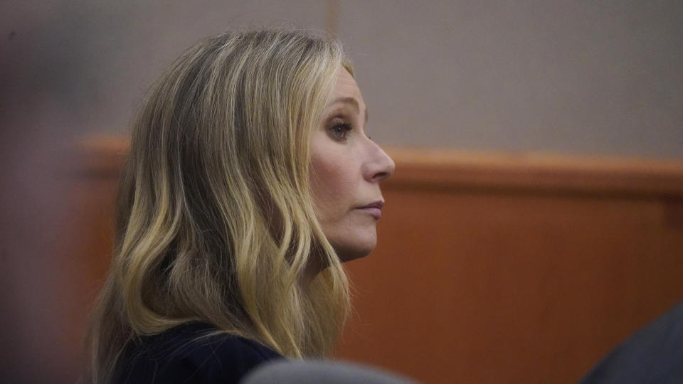 Gwyneth Paltrow sits in court during an objection by her attorney during her trial, Friday, March 24, 2023, in Park City, Utah. Paltrow is accused in a lawsuit of crashing into a skier during a 2016 family ski vacation, leaving him with brain damage and four broken ribs. (AP Photo/Rick Bowmer, Pool)