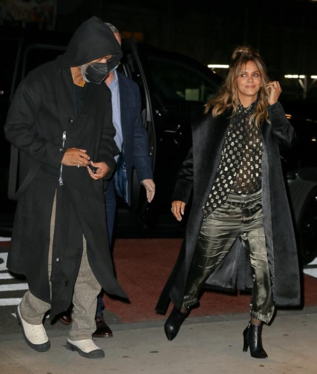 Halle Berry Wows in Sheer Pussy-Bow Top, Silky Joggers, Fishnets & Booties  on Date Night