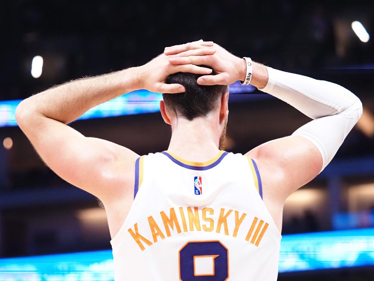 Nov 8, 2021; Sacramento, California, USA; Phoenix Suns forward-center Frank Kaminsky (8) puts his hands on his head after being called for a foul against the Sacramento Kings during the first quarter at Golden 1 Center. Mandatory Credit: Kelley L Cox-USA TODAY Sports