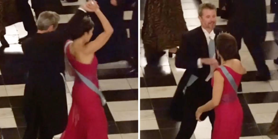 Two photos of Princess Mary and Prince Frederik dancing 