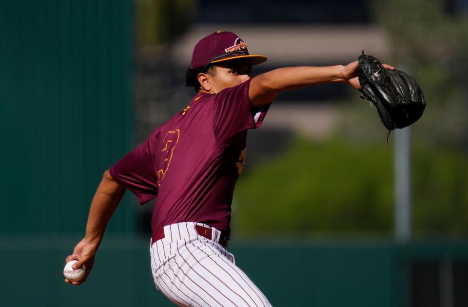 Nogales pitcher Salvador Valenzuela pitches against Casteel during a state playoff game at Tempe Diablo Stadium in Phoenix on May 4, 2023.