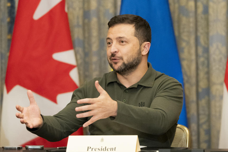 Ukrainian President Volodymyr Zelenskyy speaks ahead of a meeting with business leaders in Toronto, on Friday, Sept. 22, 2023. (Spencer Colby/The Canadian Press via AP)