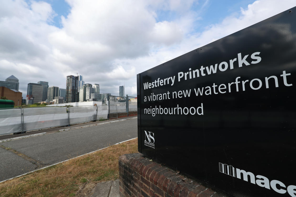 A view of the Westferry Printworks site on the Isle of Dogs, east London. The £1 billion Westferry Printworks redevelopment scheme in east London was controversially approved in January by Housing Secretary Robert Jenrick, against the recommendation of a planning inspector. The decision has since been reversed after legal action by Tower Hamlets Council, which had voiced concerns over the size of the development when the plans were first submitted in 2018. (Photo by Yui Mok/PA Images via Getty Images)