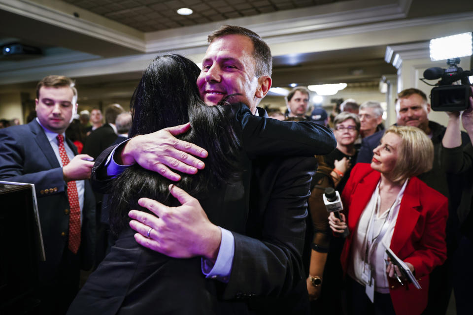 Tom Kean Jr., GOP candidate for New Jersey’s 7th Congressional District, hugs a supporter at his election night party held in Basking Ridge N.J., Tuesday, Nov. 8, 2022. (AP Photo/Stefan Jeremiah)