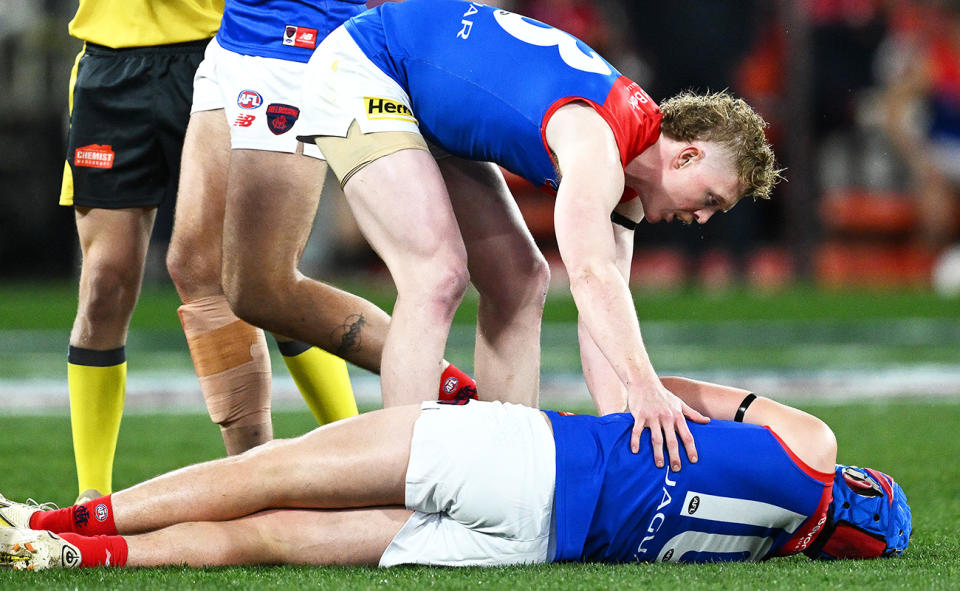 Angus Brayshaw, pictured here after the hit from Brayden Maynard.