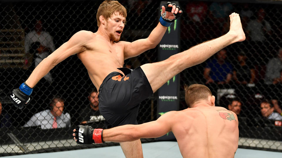 Bryce Mitchell kicks Tyler Diamond in their featherweight bout during The Ultimate Fighter Finale event on July 6, 2018 in Las Vegas, Nevada. (Photo by Jeff Bottari/Zuffa LLC/Zuffa LLC via Getty Images)