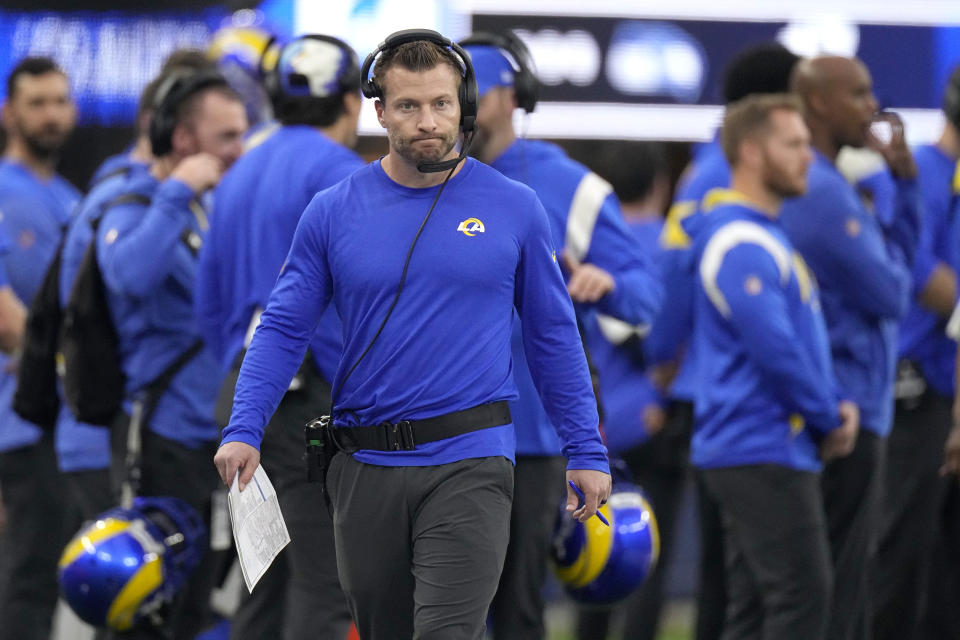 Los Angeles Rams head coach Sean McVay watches from the sidelines during the second half of an NFL football game against the Seattle Seahawks Sunday, Dec. 4, 2022, in Inglewood, Calif. (AP Photo/Mark J. Terrill)