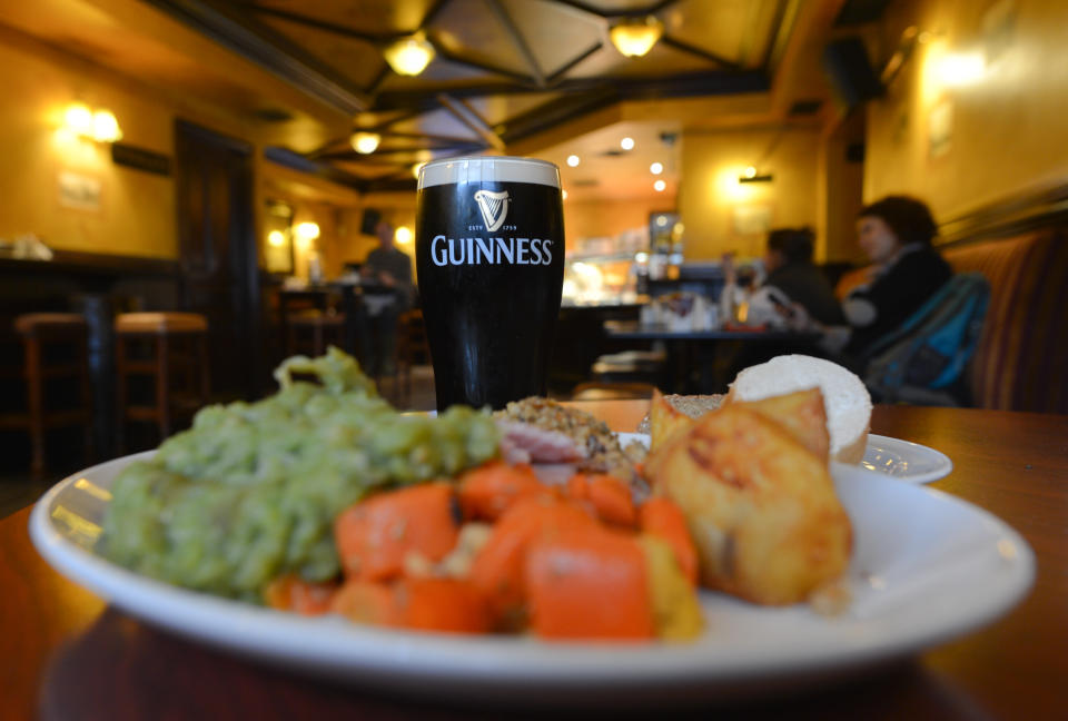 A pint of Guinness and a roast dinner in The Duke Pub in Dublin, Ireland. (Photo by Artur Widak/NurPhoto via Getty Images)