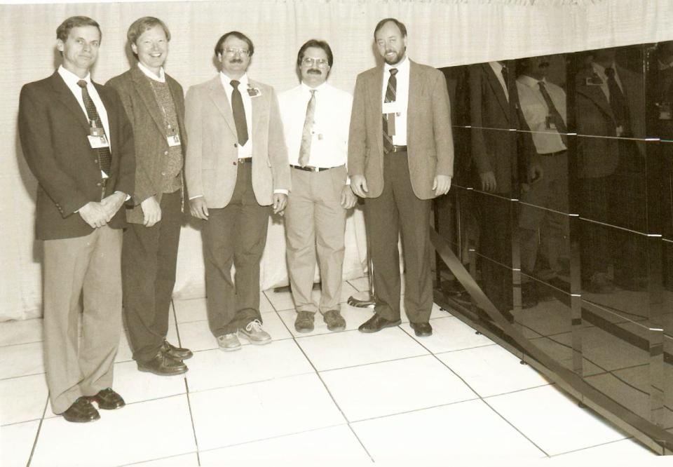 Jack Dongarra can be seen at far right in this 1995 photo at Oak Ridge National Laboratory. He and the other men are with the Intel Paragon XP/S 150 MP supercomputer with 3,072 processors, which was No. 3 on the Top500 list of the fastest supercomputers that year.