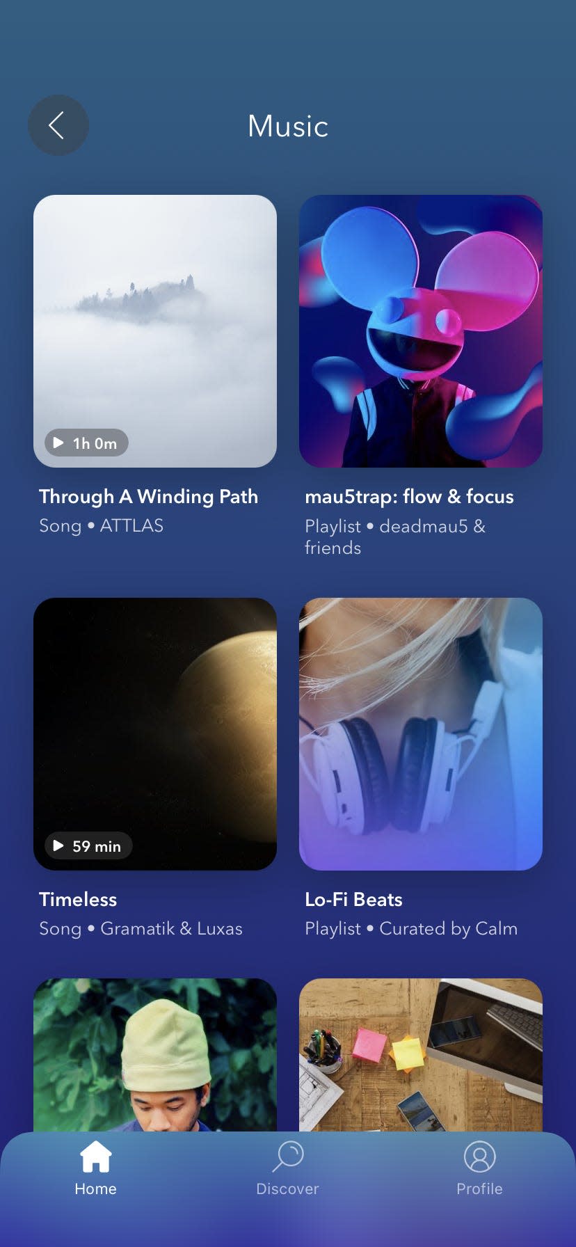 thumbnail images of various music playlists in a screenshot of the meditation app Calm